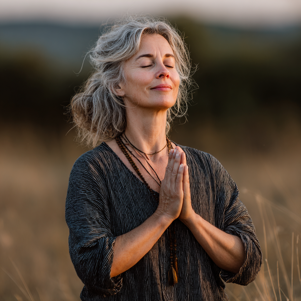 Peaceful Ukrainian woman in her 50s practicing gentle yoga poses in a serene natural setting, demonstrating mindful movement and conscious breathing