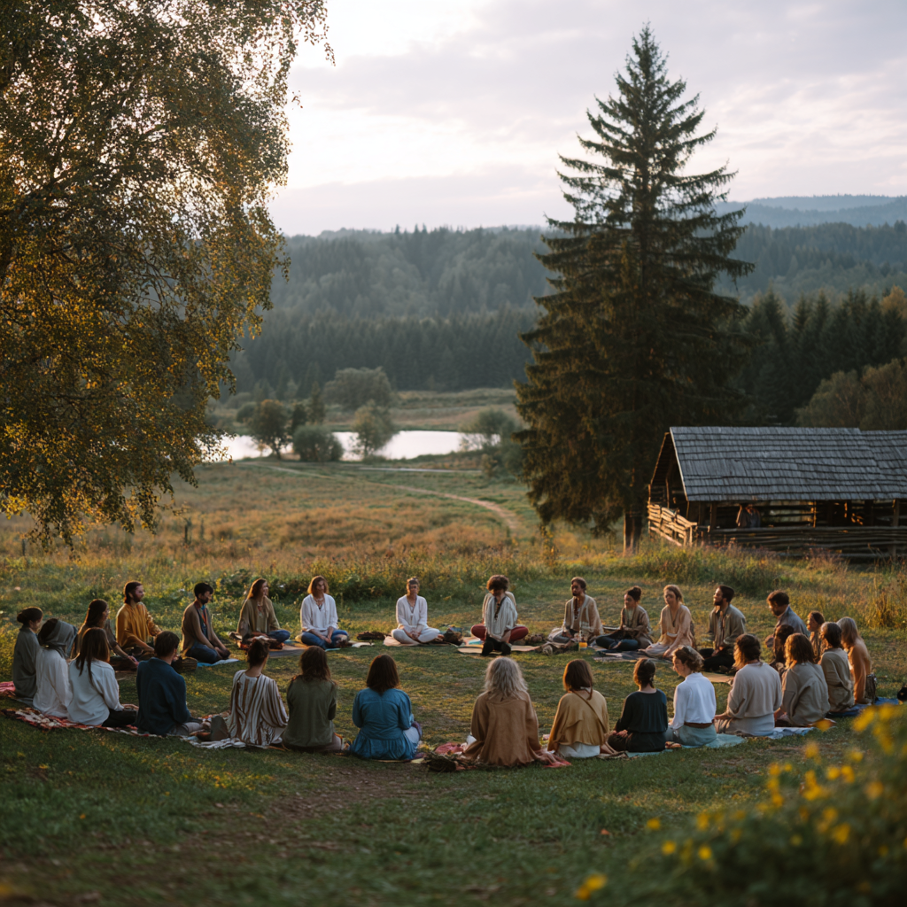 Group of diverse Ukrainian adults aged 40-60 in a peaceful yoga studio practicing synchronized breathing exercises and gentle stretching movements
