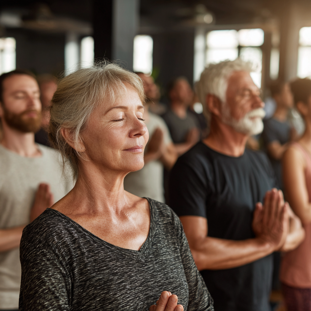 Serene evening scene with Ukrainian woman in her 40s practicing gentle yoga poses in a softly lit room, focusing on relaxation and mindful breathing